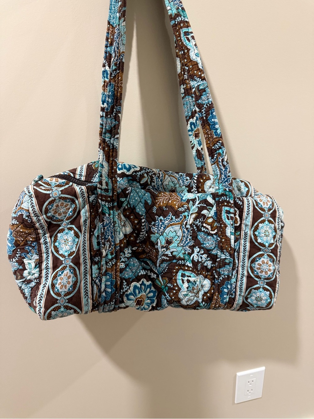 Vera Bradley Java Blue Duffle Bag Brown Turquoise Quilted Travel Overnight Bag